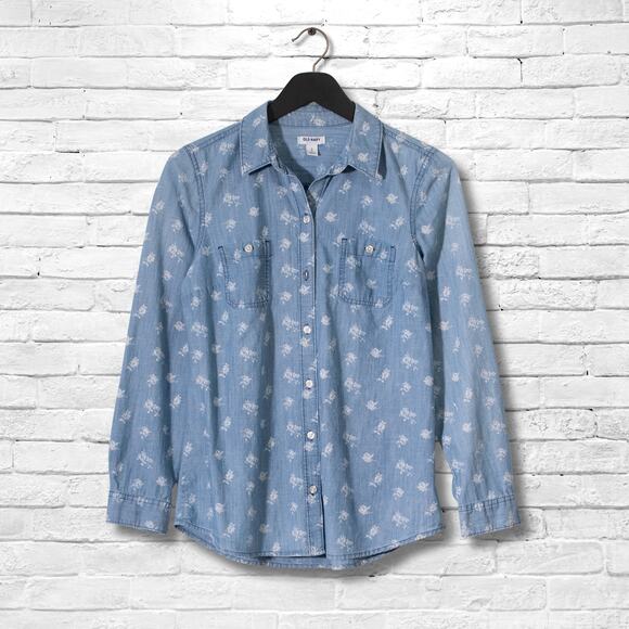 Old Navy Chambray Shirt - Womens Small - Cute Denim Button Down Floral Print Top - Picture 1 of 5